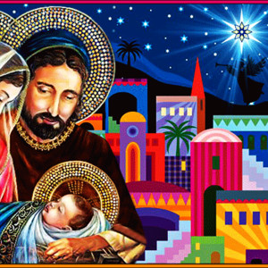 Дева Мария и Иосиф держат новорожденного Иисуса
