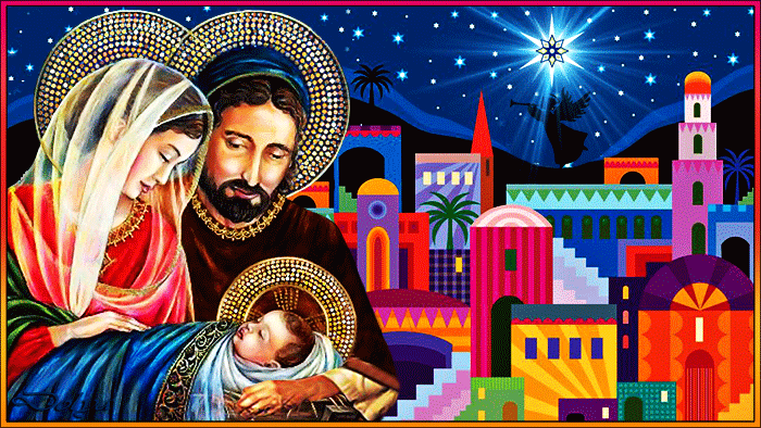 Дева Мария и Иосиф держат новорожденного Иисуса - Анимационные блестящие картинки GIF