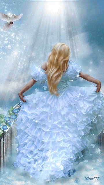 Девушка в белом платье бежит к небу - Девушки арт, gif скачать бесплатно