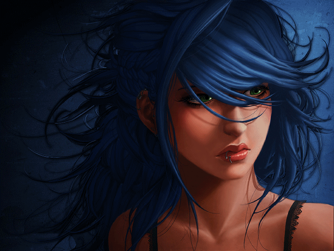 Синие волосы - Девушки арт - Анимационные блестящие картинки GIF