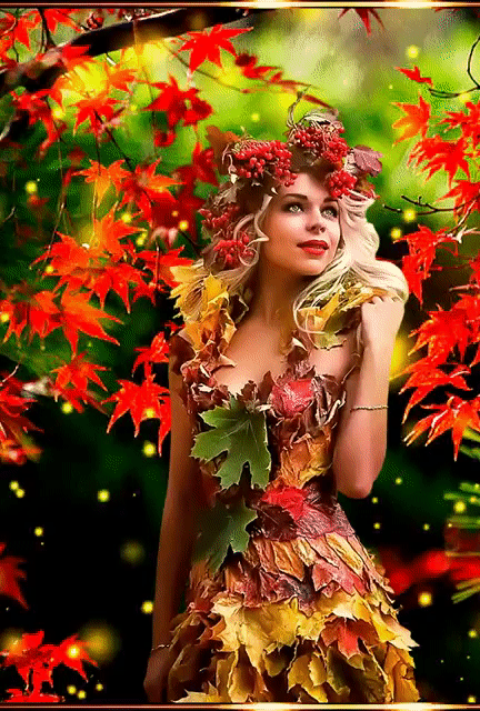 Осень в платье из кленовых листьев - Анимационные блестящие картинки GIF