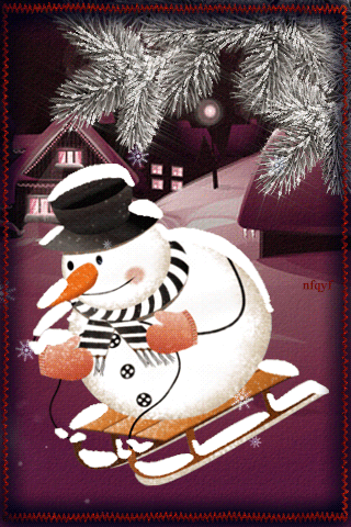Снеговик на санках - Анимационные блестящие картинки GIF