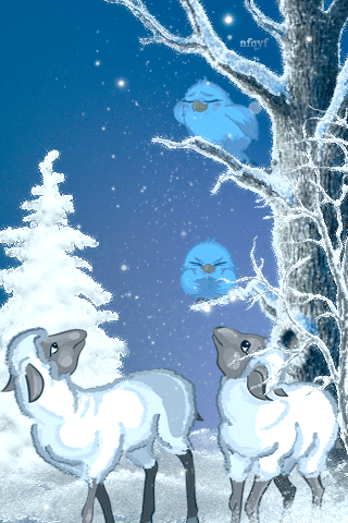 Овечки в зимнем лесу - Анимационные блестящие картинки GIF