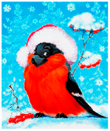 Снегирь в шапке Санта Клауса