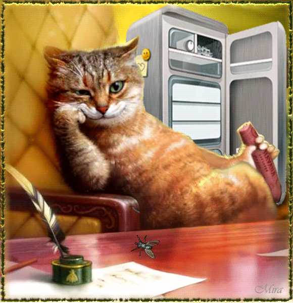 Рыжий кот с сосиской - Анимационные блестящие картинки GIF