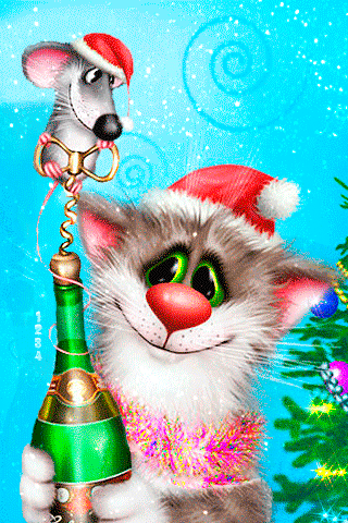 Прикольная новогодняя мышь и кот - Анимационные блестящие картинки GIF