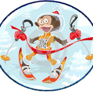 Забавная новогодняя обезьяна на лыжах