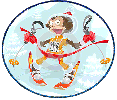 Забавная новогодняя обезьяна на лыжах - Анимационные блестящие картинки GIF